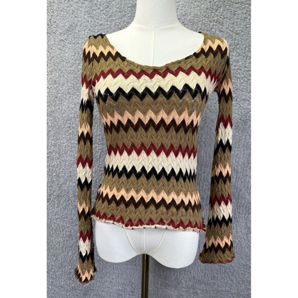 VTG Cheryl Creations Women's Small Crochet Chevron Knit Top Y2K Boho Long Sleeve